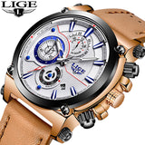 Mens Watches New LIGE Top Brands Luxury Men's Military Sport Watches Men's Chronograph Dates Waterproof Leather Quartz Watch+Box