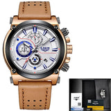 Mens Watches New LIGE Top Brands Luxury Men's Military Sport Watches Men's Chronograph Dates Waterproof Leather Quartz Watch+Box