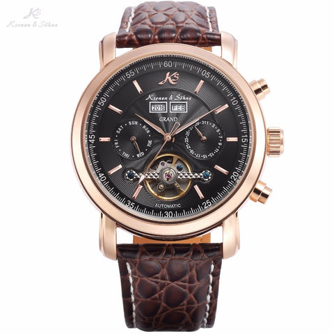 KS GRAND Series Automatic Mechanical Rose Gold Case Date Steel Case Men Leather Wrist Watches +Luxury Wood Box /KS368